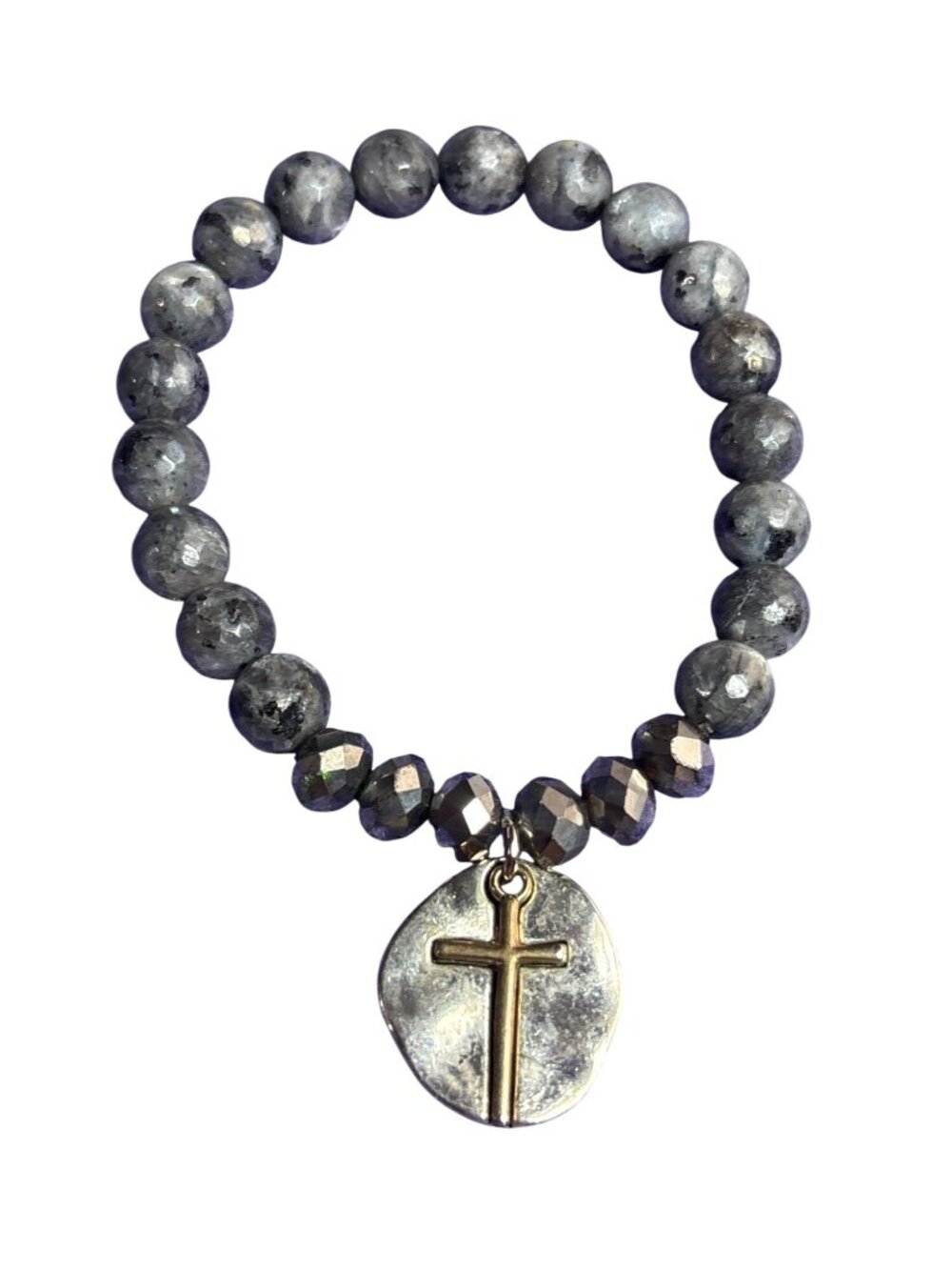 Labradorite Stone Beaded Slightly Stretchy Bracelet Hammered Cross Charm